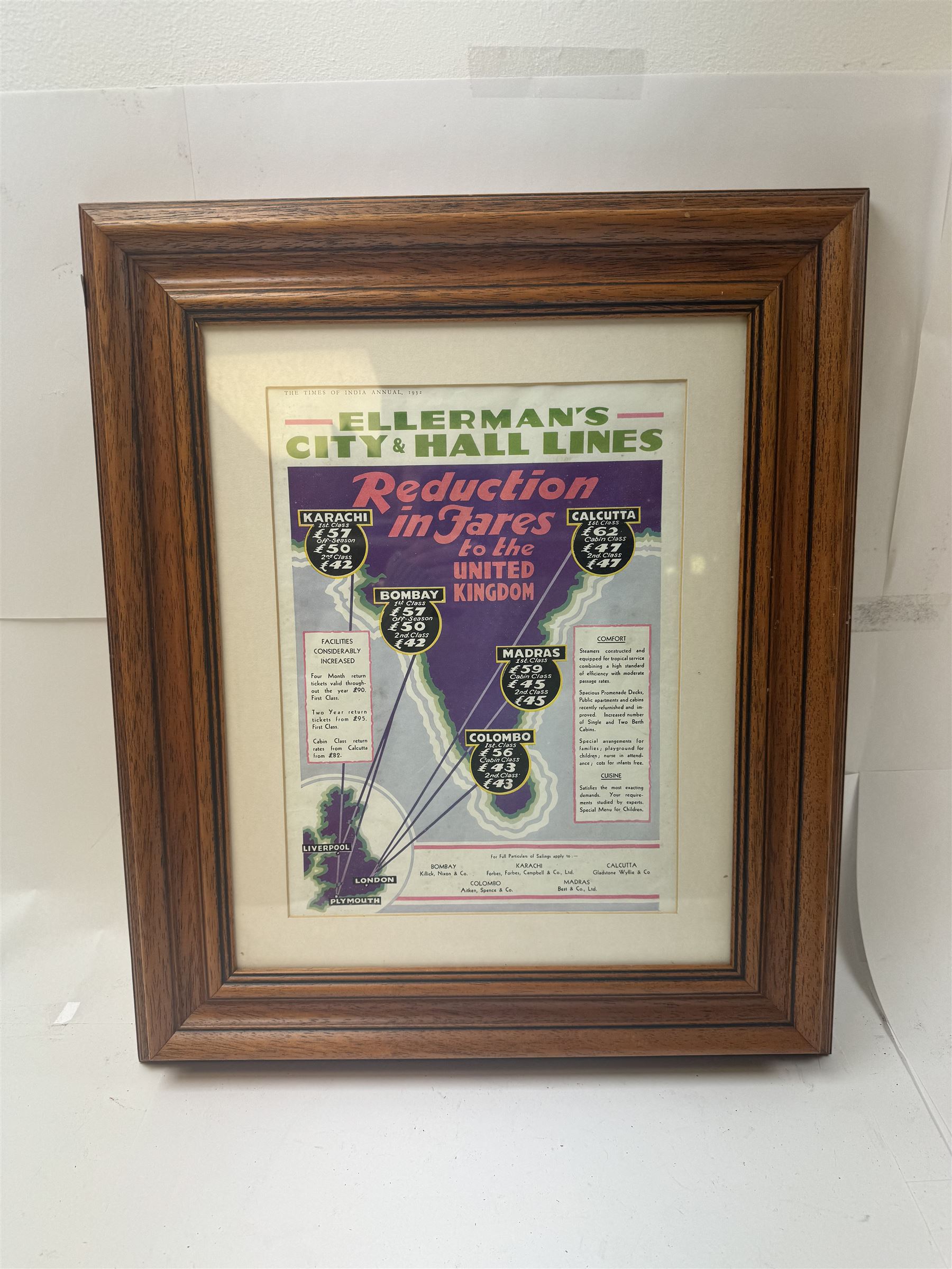 Ellerman's City & Hall Lines advertising page, from The Times of India Annual 1932, within glazed wooden frame, page H31cm