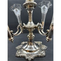 Walker & Hall Sheffield silver plated epergne and a pair of plated candle sticks, epergne H35cm