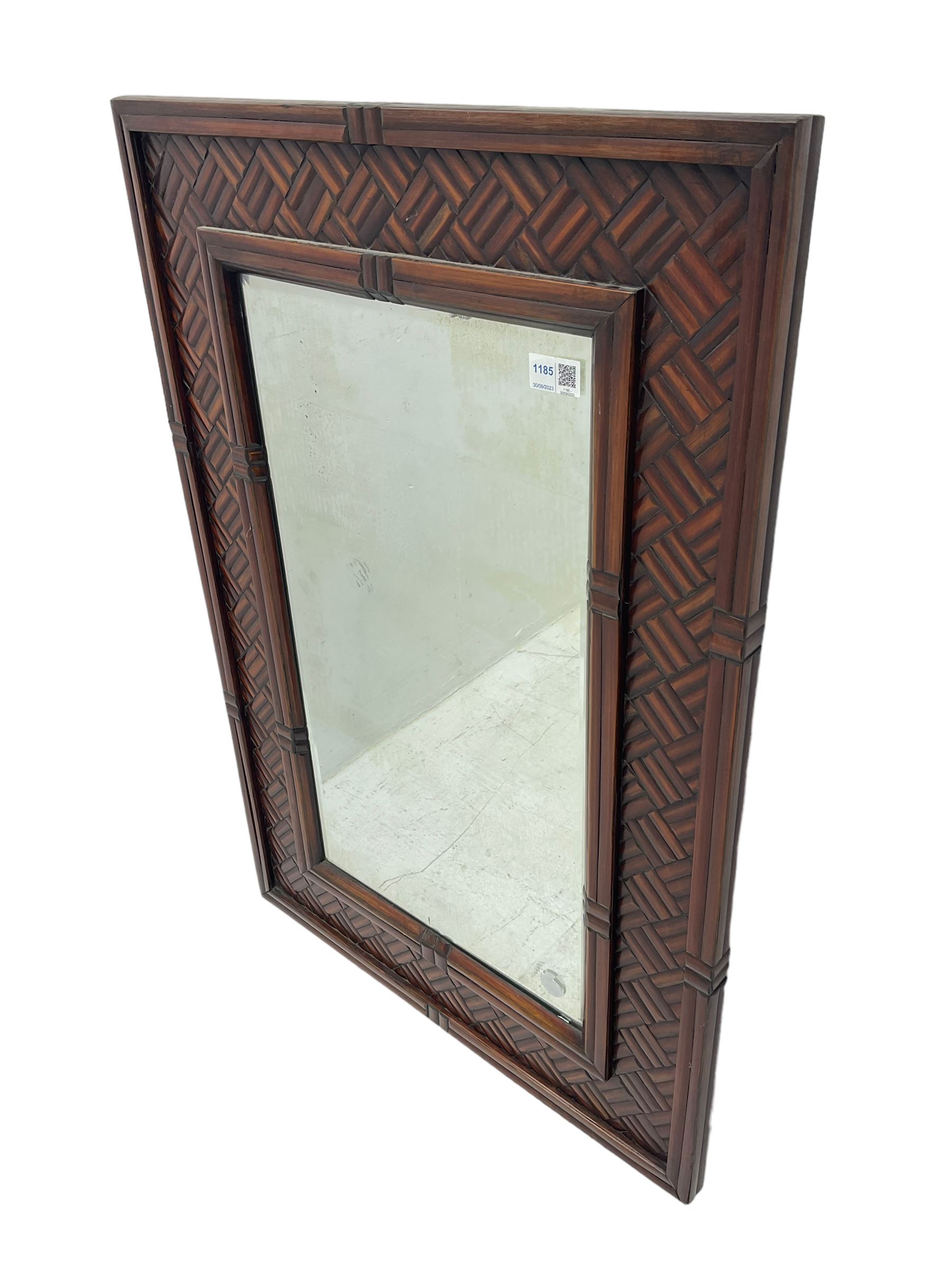 Chinese design bamboo and wood rectangular wall mirror, parquetry lattice-work bamboo, bevelled plate