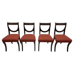 Set of six (4+2) George III design mahogany dining chairs, curved reed moulded bar back over curved and reeded middle rail, upholstered in red fabric with repeating pattern, on moulded sabre supports 