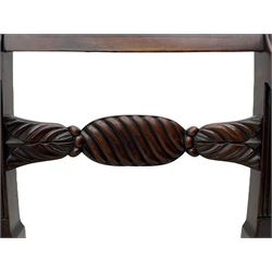 Georgian design set of six (6+2) mahogany dining chairs, the bar cresting rail inlaid with figured mahogany panel, shaped twist lobe carved middle rail with extending stylised leaf decoration, upholstered drop-in seat, on turned front supports 