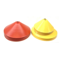 A collection of painted metal ceiling light shades, comprising ten red examples, D45cm, seven yellow examples, D45cm, and six smaller yellow examples, D33cm. 