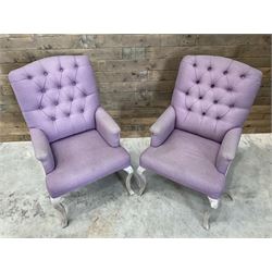 Voyage - two high back armchairs upholstered in buttoned lilac and tweed fabric, painted cabriole legs