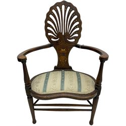 Edwardian mahogany framed chair, pierced shell back inlaid with scrolled stringing, curved arms with scrolled terminals over kidney-shaped upholstered seat, on turned supports united by swell turned stretchers 