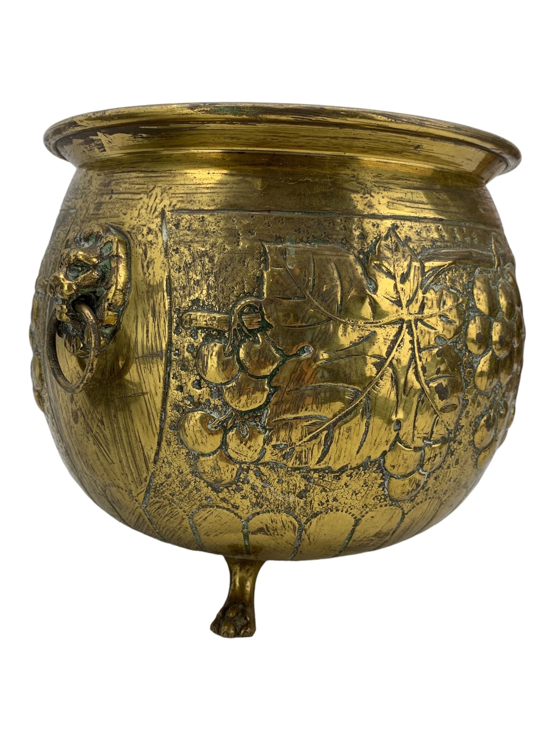 19th century copper coal scuttle, brass twin-handled planter, the bulbous body embossed with fruiting vines, H23cm (2)