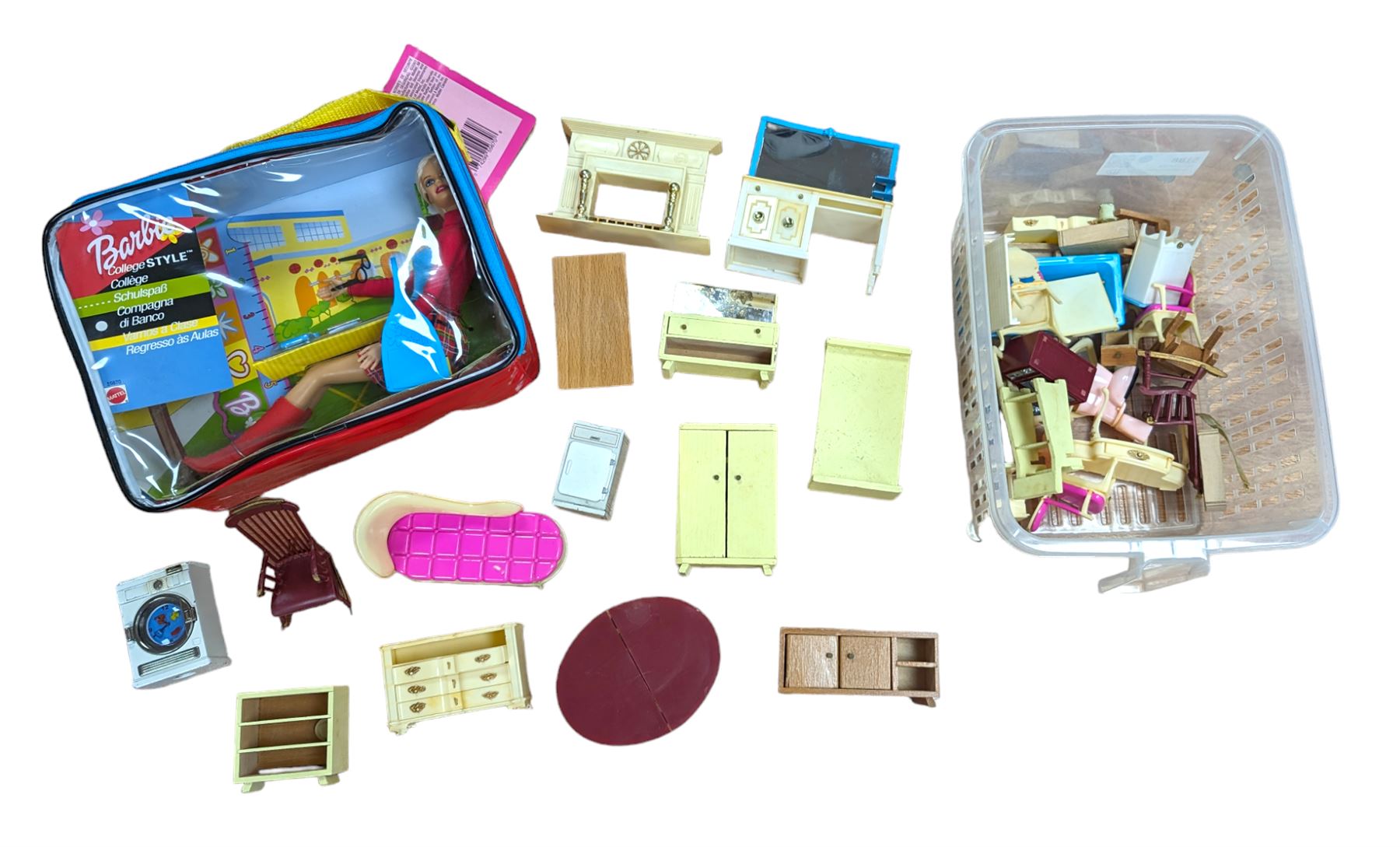 Barbie College style 55670, in box, together with a collection of dolls house furniture, including Louis Marx plastic examples