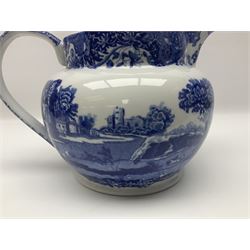 Large blue and white jug, decorated with landscape transfer print, H24cm