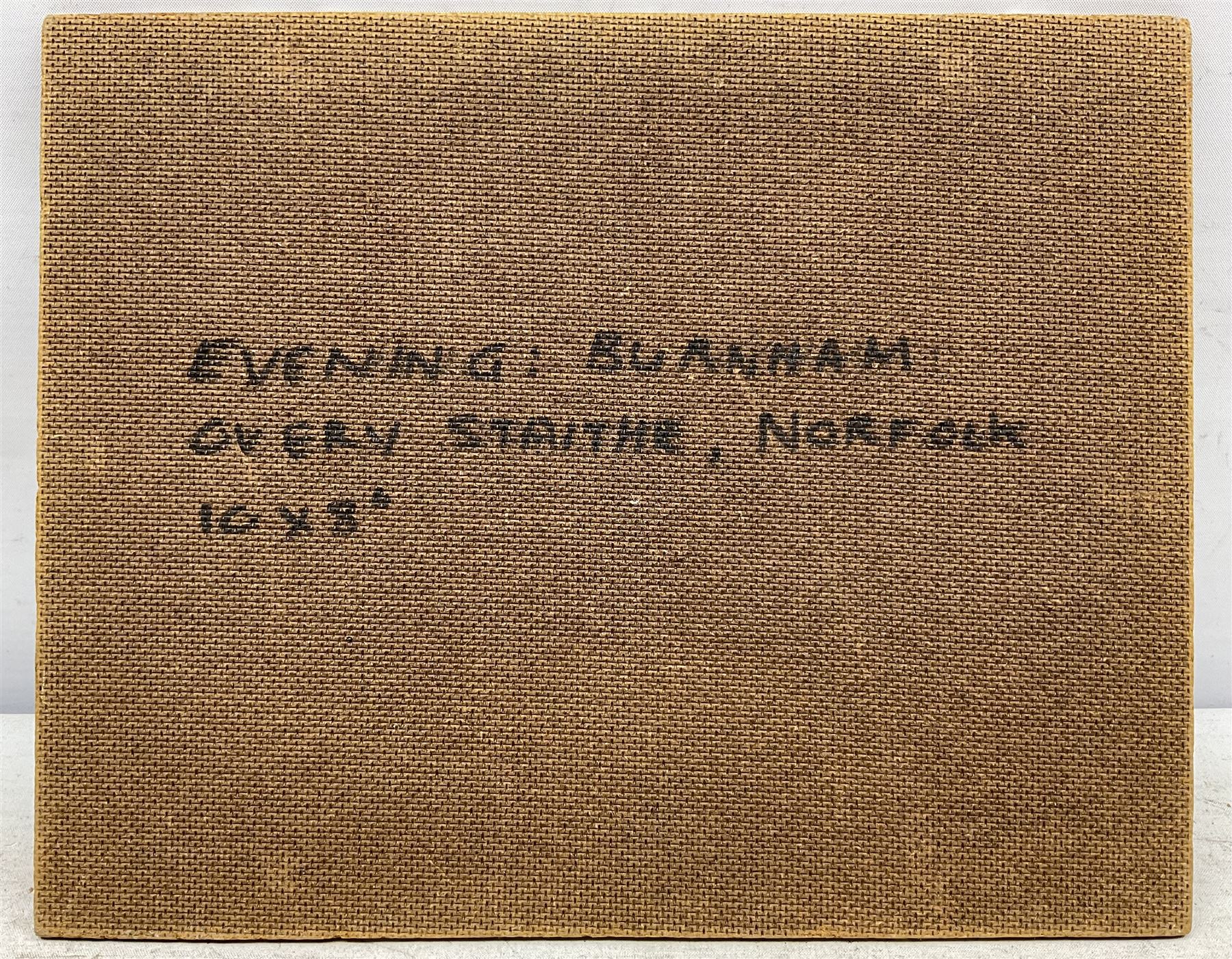 William Burns (British 1923-2010): 'Evening: Burnham Overy Staithe - Norfolk', oil on board unsigned, titled verso 21cm x 26cm (unframed) Provenance: Direct from the family of the artist. Notes: Born in Sheffield in 1923, William Burns RIBA FSAI FRSA studied at the Sheffield College of Art before the outbreak of the Second World War, during which he helped illustrate the official War Diaries for the North Africa Campaign, and was elected a member of the Armed Forces Art Society. On his return, he studied architecture at Sheffield University and later ran his own successful practice, being a member of the Royal Institute of British Architects. However, painting had always been his self-confessed 'first love', and in the 1970s he gave up architecture to become a full-time artist, having his first one-man exhibition in 1979.
