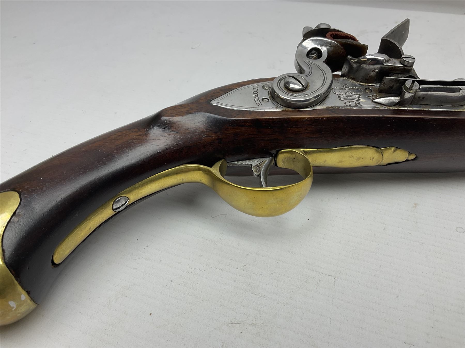 RFD ONLY AS NO VISIBLE PROOF MARKS - modern Indian flintlock .65 cal. belt pistol marked with crowned GR and Tower, 29cm barrel and brass skull crusher butt, serial no.2169 L50cm