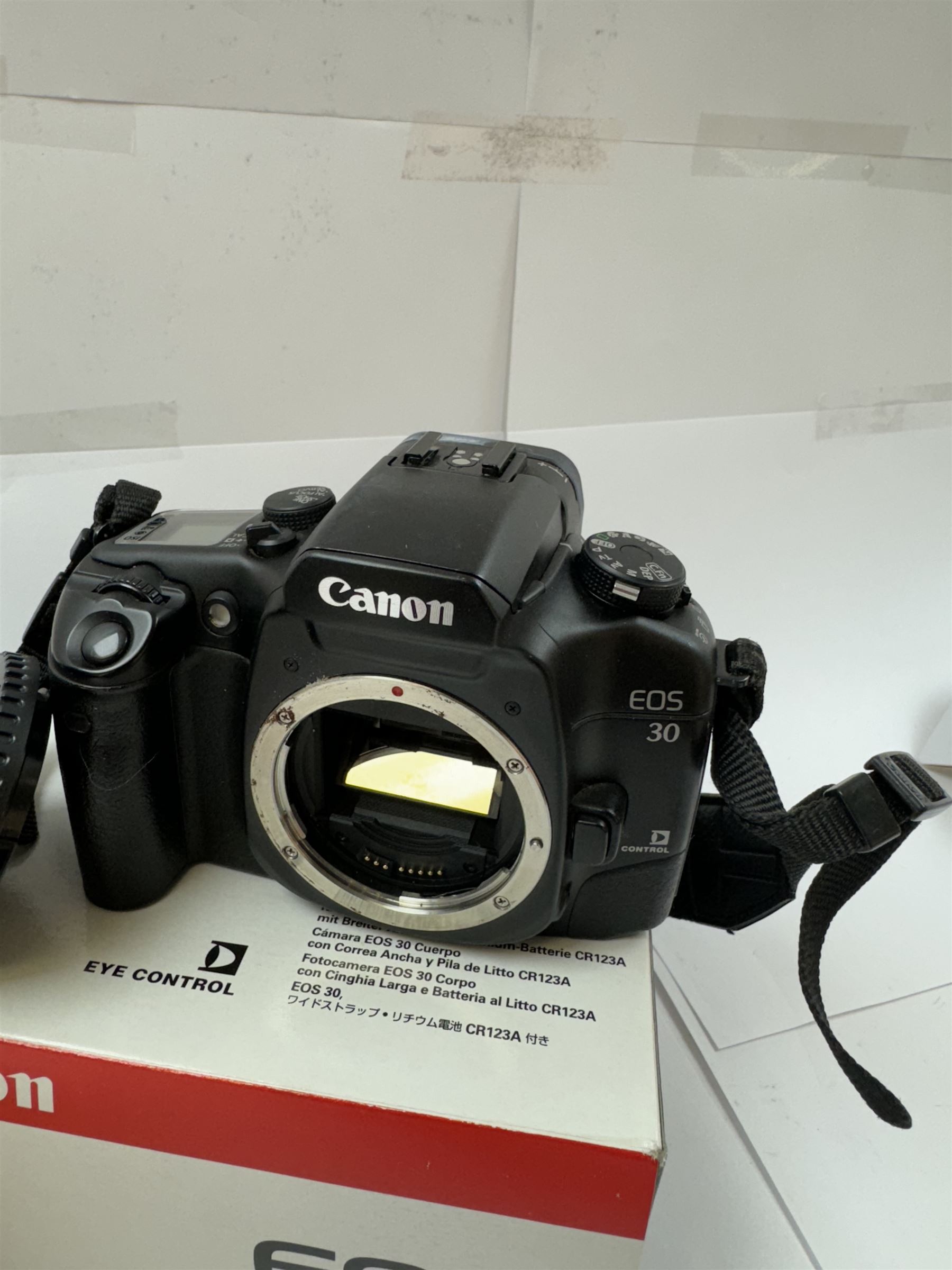 Canon EOS 30V SLR camera body serial no. (21)95000615, with a Canon EF 28-90mm 1:4-5.6 USM zoom lens serial, together with a Canon EOS 30 SLR camera body serial no. (21)71001811, both with original boxes and a Lowepro carry case