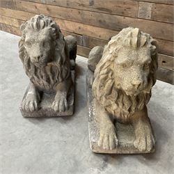 Pair of large cast stone Langport recumbent garden lions, rectangular plinth base