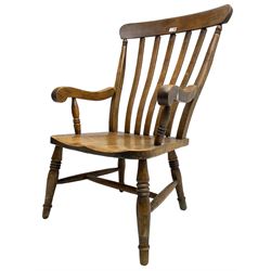 19th century beech Farmhouse armchair, shaped cresting rail over vertical slat back, dished seat on turned supports united by H stretcher 