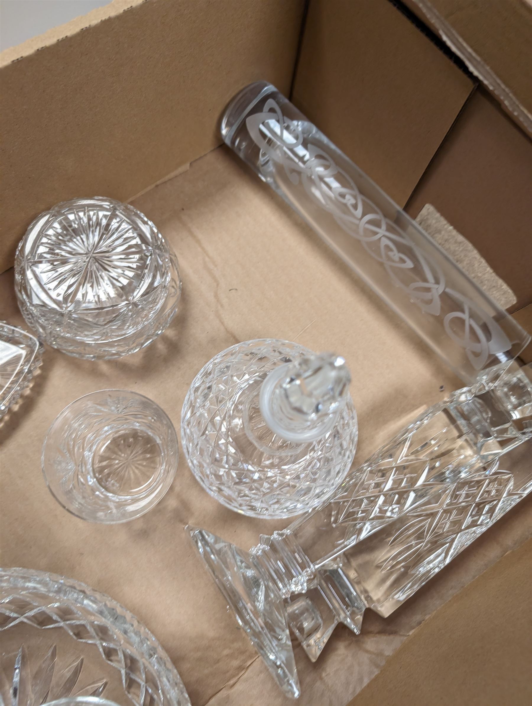 Collection of crystal and cut glass, including bowl, candlesticks, glasses, etc by Waterford, Stuart, etc