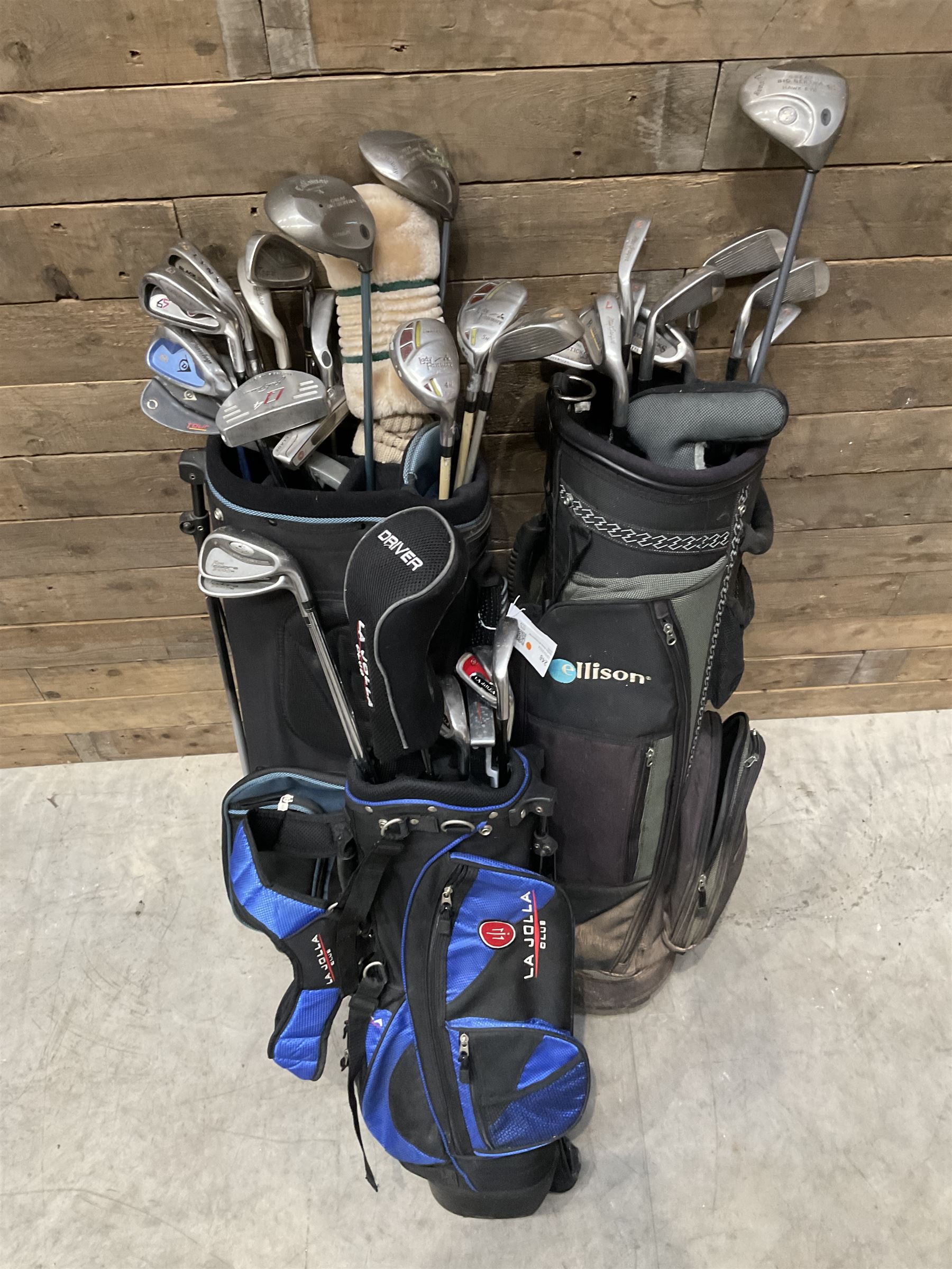 Battlesticks and other golf clubs in three bags