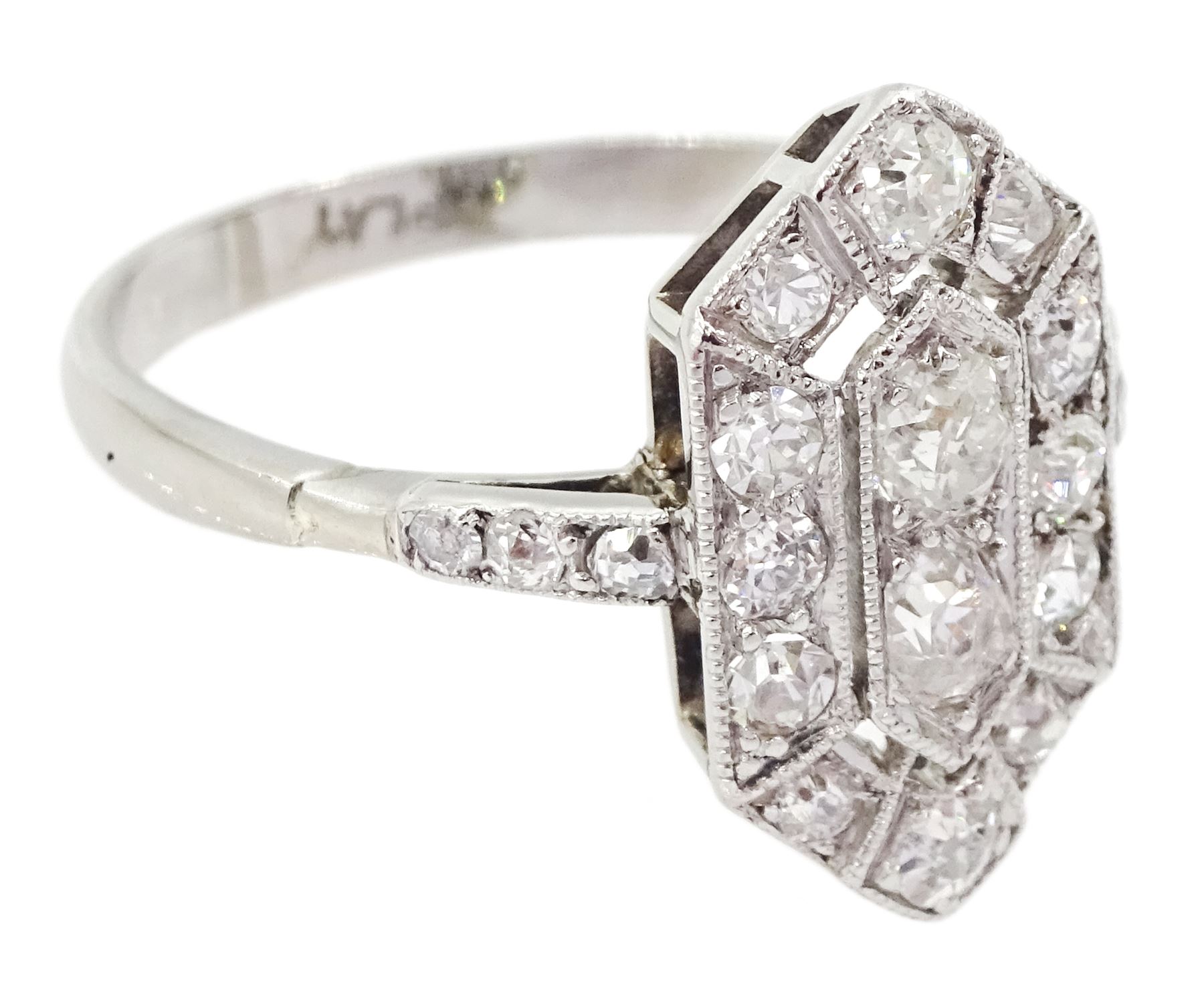 Art Deco 18ct white gold and platinum old cut diamond hexagonal panel ring, stamped, total diamond weight approx 0.50 carat