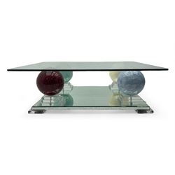 Barker & Stonehouse - contemporary glass coffee table, square top supported by four multicoloured marble spheres, each elevated on layered acrylic pedestal over mirrored base, on square clear supports