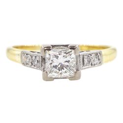 18ct gold single stone princess cut diamond ring, with single cut diamond set shoulders, principal diamond 0.50 carat, clarity VS1, colour H, with AnchorCert Gem Lab report