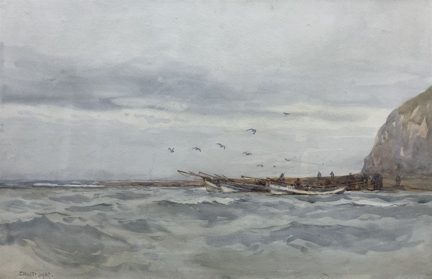 Ernest Dade (Staithes Group 1864-1935): Cobles Moored at Penny Nab - Staithes, watercolour signed 34cm x 52cm