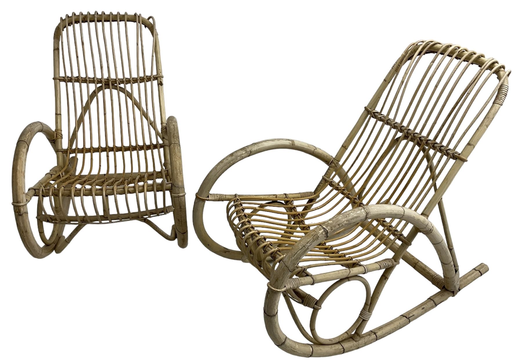 Pair of mid-20th century bamboo rocking chairs, in the style of Rohé Noordwolde