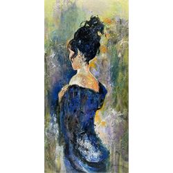 Ann Lamb (British 1955-): Lady in Blue, mixed media on canvas signed 60cm x 30cm