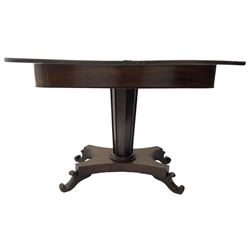 William IV mahogany tea table, rectangular fold-over top over banded frieze, tapering pedestal base with moulded vertical rails, on quadruform base with C-scroll feet