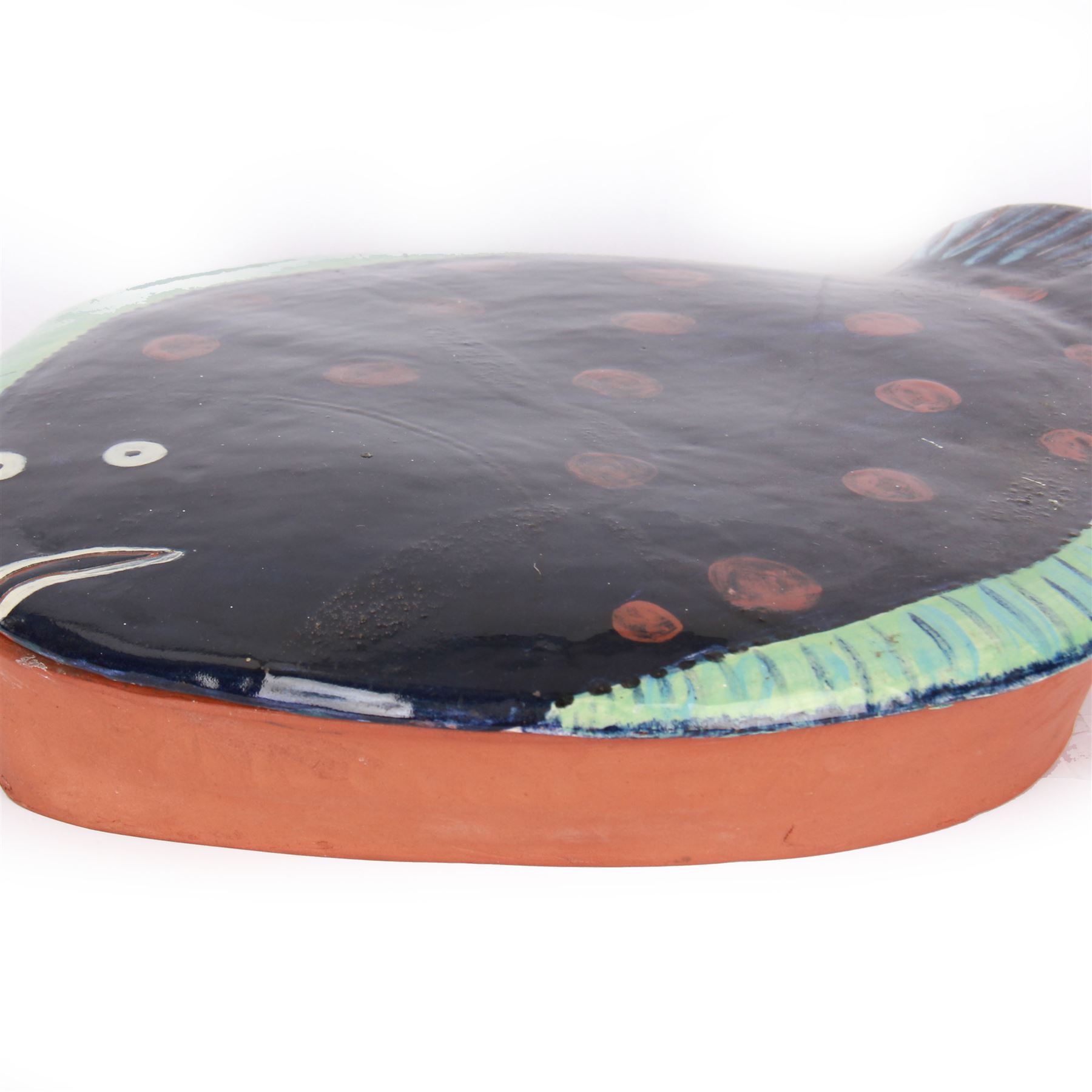 Studio pottery terracotta paella dish, modelled as a fish and finished in blue, green and brown glaze,  by Mary Hick Ceramics, Edinburgh, W44cm