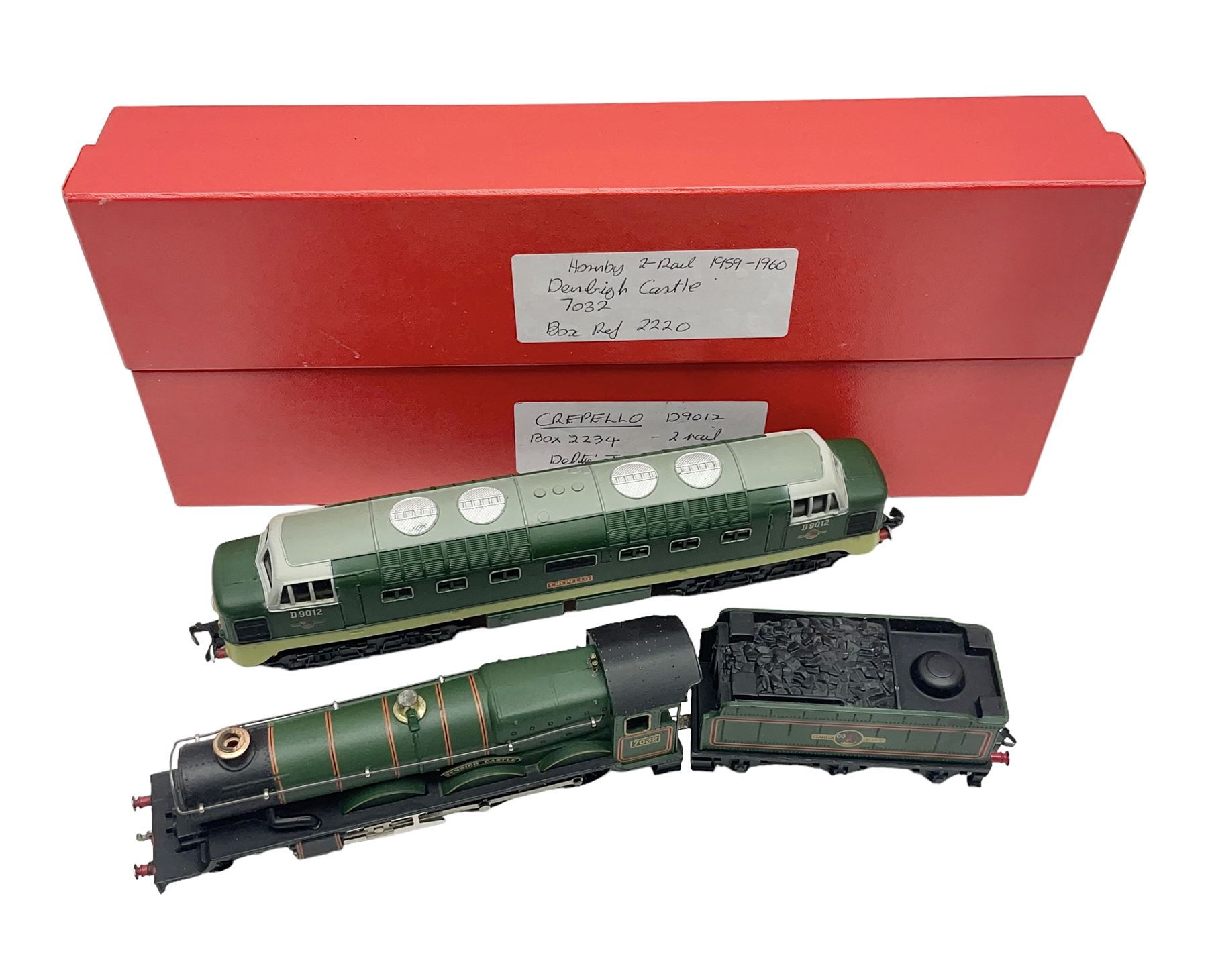 Hornby Dublo - 2-rail - Castle Class 4-6-0 locomotive 'Denbigh Castle' No.7032; and Deltic Type Diesel Co-Co 'Crepello' No.D9012 in BR two-tone green; each in modern unassociated plain red box (2)