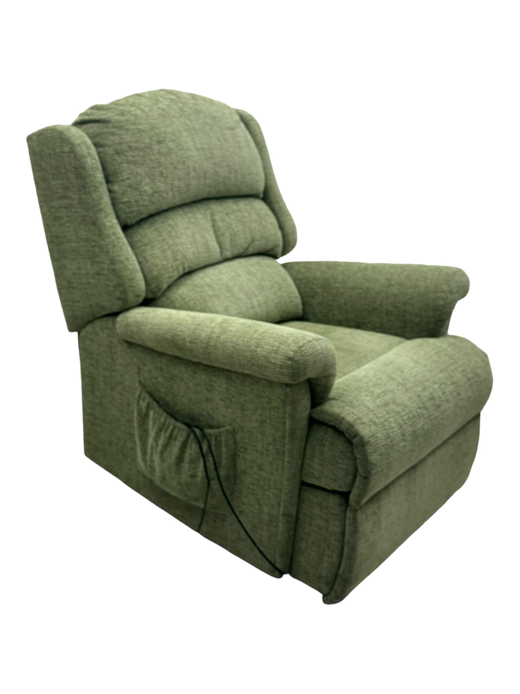 Sherborne 'Albany' dual motor electric rise and recliner armchair, in Adriatic Mint (Aquaclean) fabric, high-back with segmented cushioning, padded armrests and a built in footrest, on metal frame