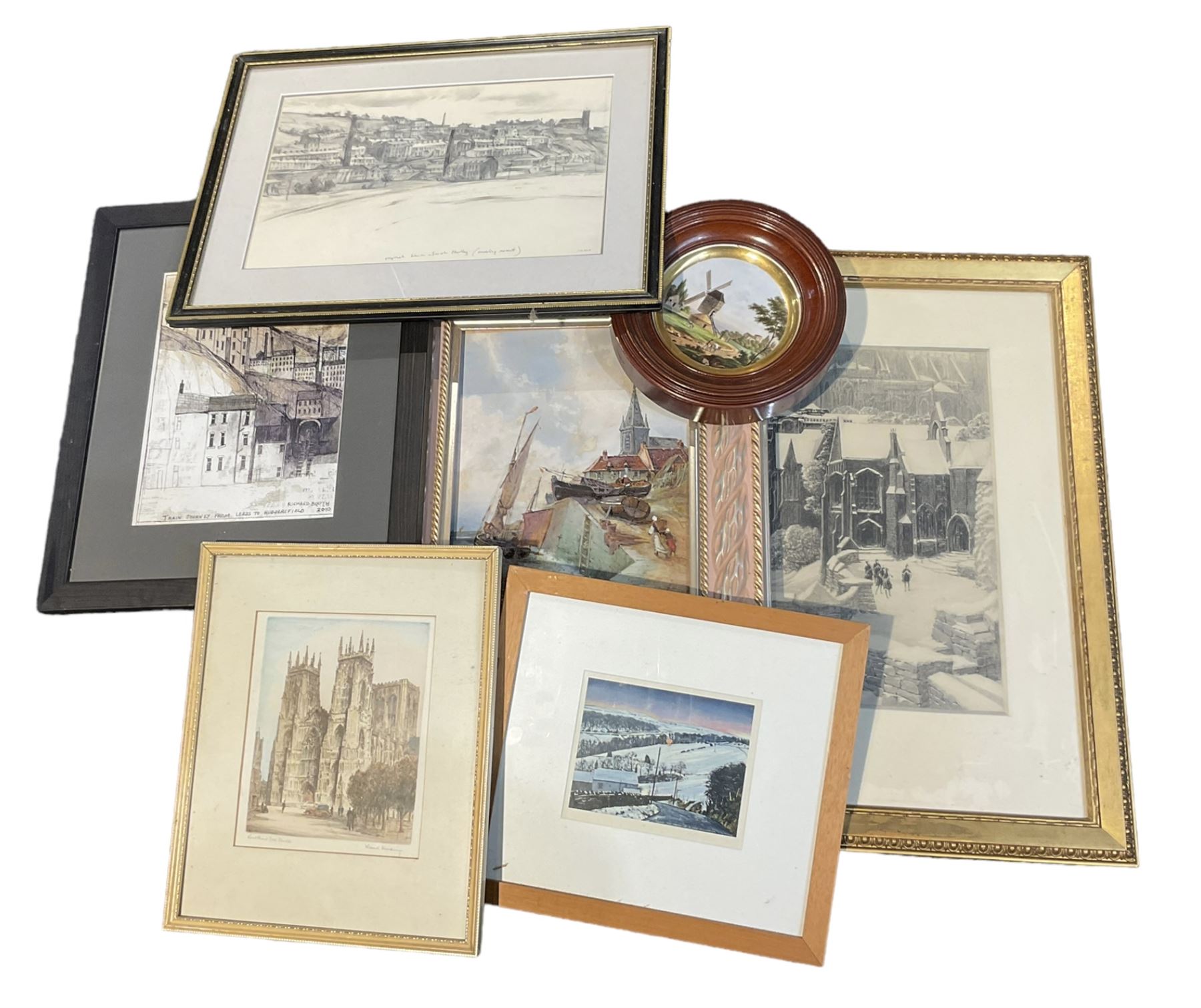 Large collection of original oils and watercolours and other works, including Peter Brook signed prints, Albert Pile, George Sykes and others, in one box