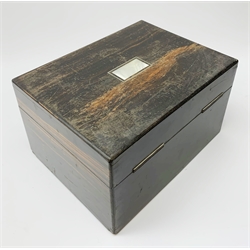 A Victorian coromandel box, with inset mother of pearl panel to the hinger opening cover, mother of pearl escutcheon, and secret drawer beneath, (lacking interior), H17cm L30cm D22.5cm.   