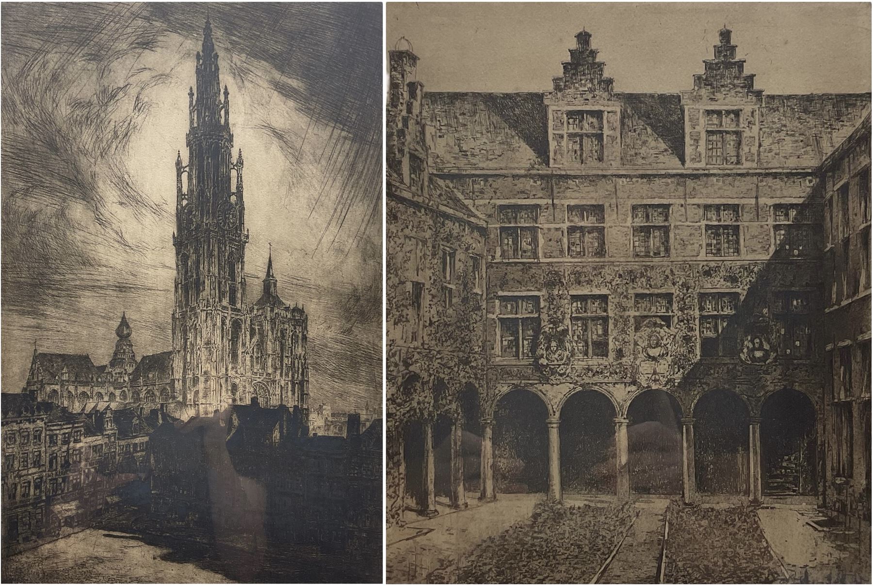 Contiental School (Early 20th century): Antwerp Cathedral and Courtyard, two drypoint etchings indistinctly signed in pencil 47cm x 31cm and 31cm x 25cm (2)