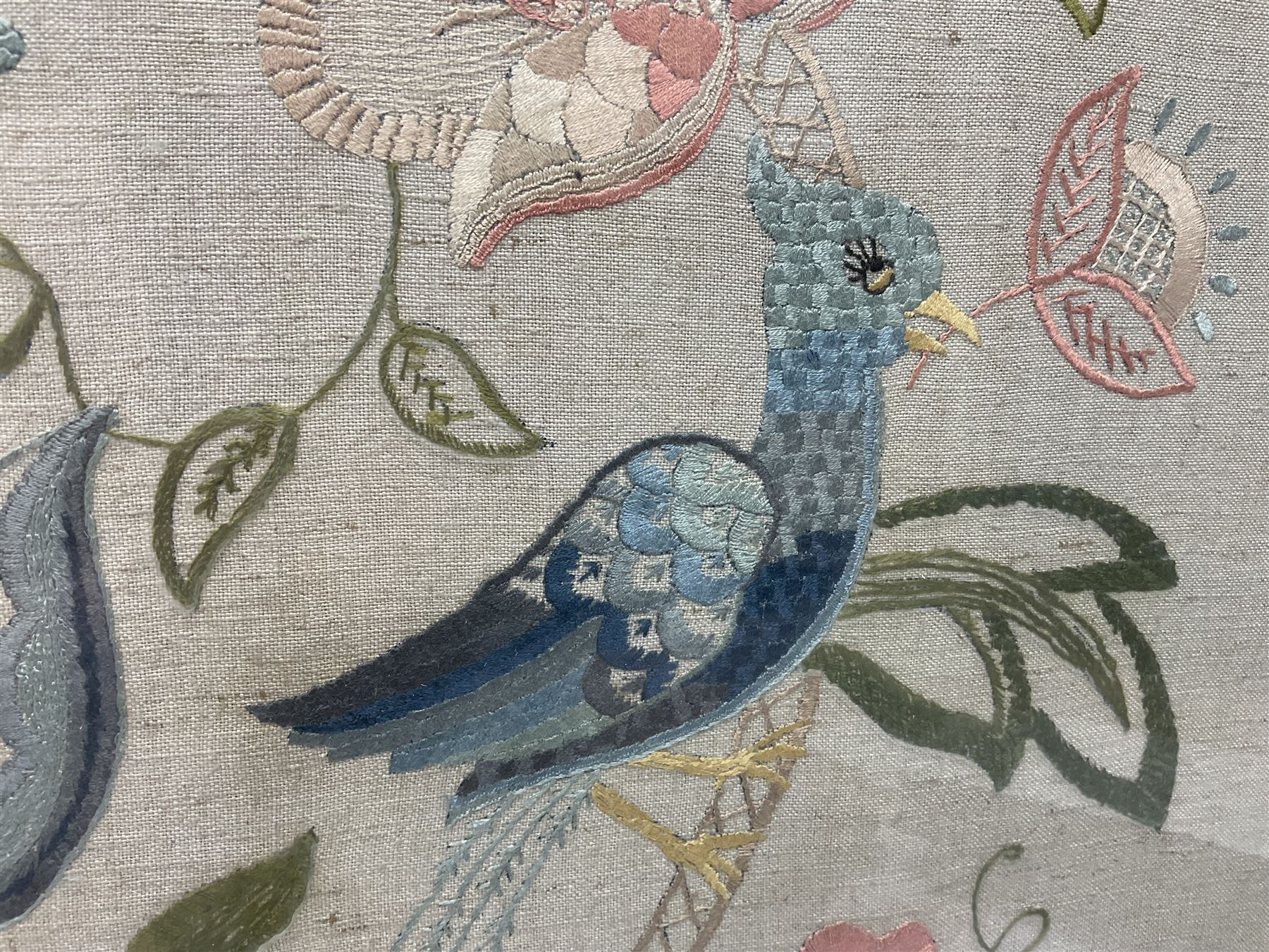 20th century framed crewelwork embroidery, depicting foliate and birds, H64, W55cm