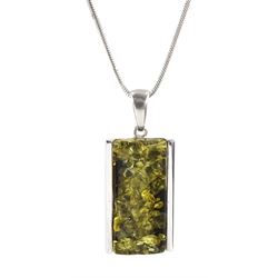 Silver green amber pendant necklace, stamped 925