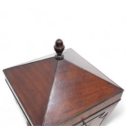 George III mahogany wine cooler or cellarette, the pointed hinged lid with turned final, square tapering body with applied geometric mouldings, on gilt metal and foliate cast ball and claw feet, with metal liner 