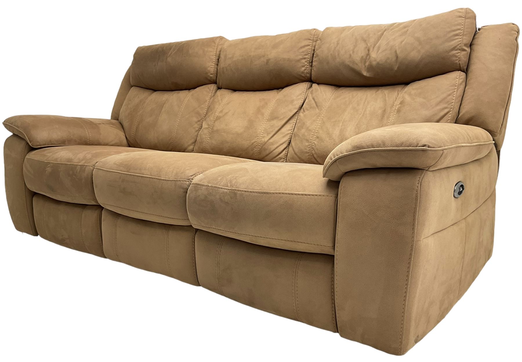 Electric reclining three-seat sofa (W213cm, H100cm) and matching armchair (W109cm) upholstered in brown fabric