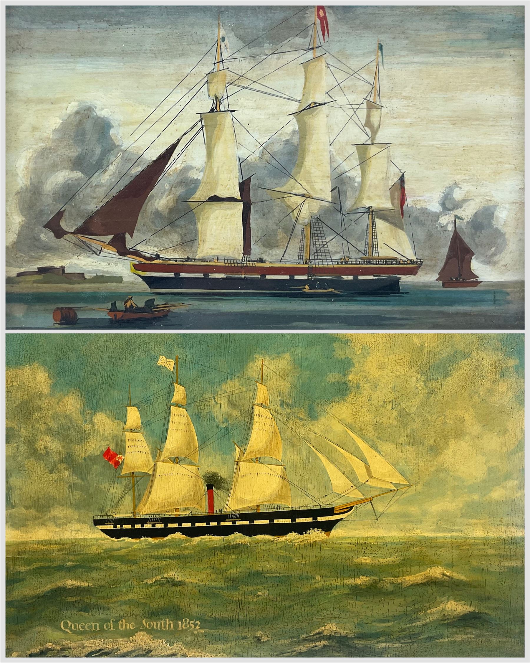 English School (20th Century): 'Queen of the South - 1852' ship portrait together with another similar, oils on board max 46cm x 60cm (2)