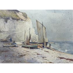 Charles William Adderton (British 1866-1944): Fishing Boats at Flamborough, watercolour signed 26cm x 35cm (unframed)
Provenance: direct from the family of the artist Harry Wanless 1872-1934, part of a collection never previously seen on the market
Notes: Adderton was a friend of the brothers Harry and Charles Wanless, all of whom studied under Albert Strange at the Scarborough School of Art School. Adderton had a studio at 55 Sandside, Scarborough between 1894 and 1901, he moved to Ockbrook Derby and later to Robin Hoods Bay where he was a member of the Fylingdales Group of Artists