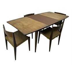 Mid 20th century Danish teak extending dining table, rectangular top with contrasting central draw leaf, on tapered supports; with four teak dining chairs with string seats