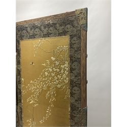 Two Oriental silk and wooden screens embroidered with birds and blossoming branches, largest H88cm 