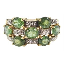 9ct gold three row oval cut green sapphire and diamond ring, hallmarked