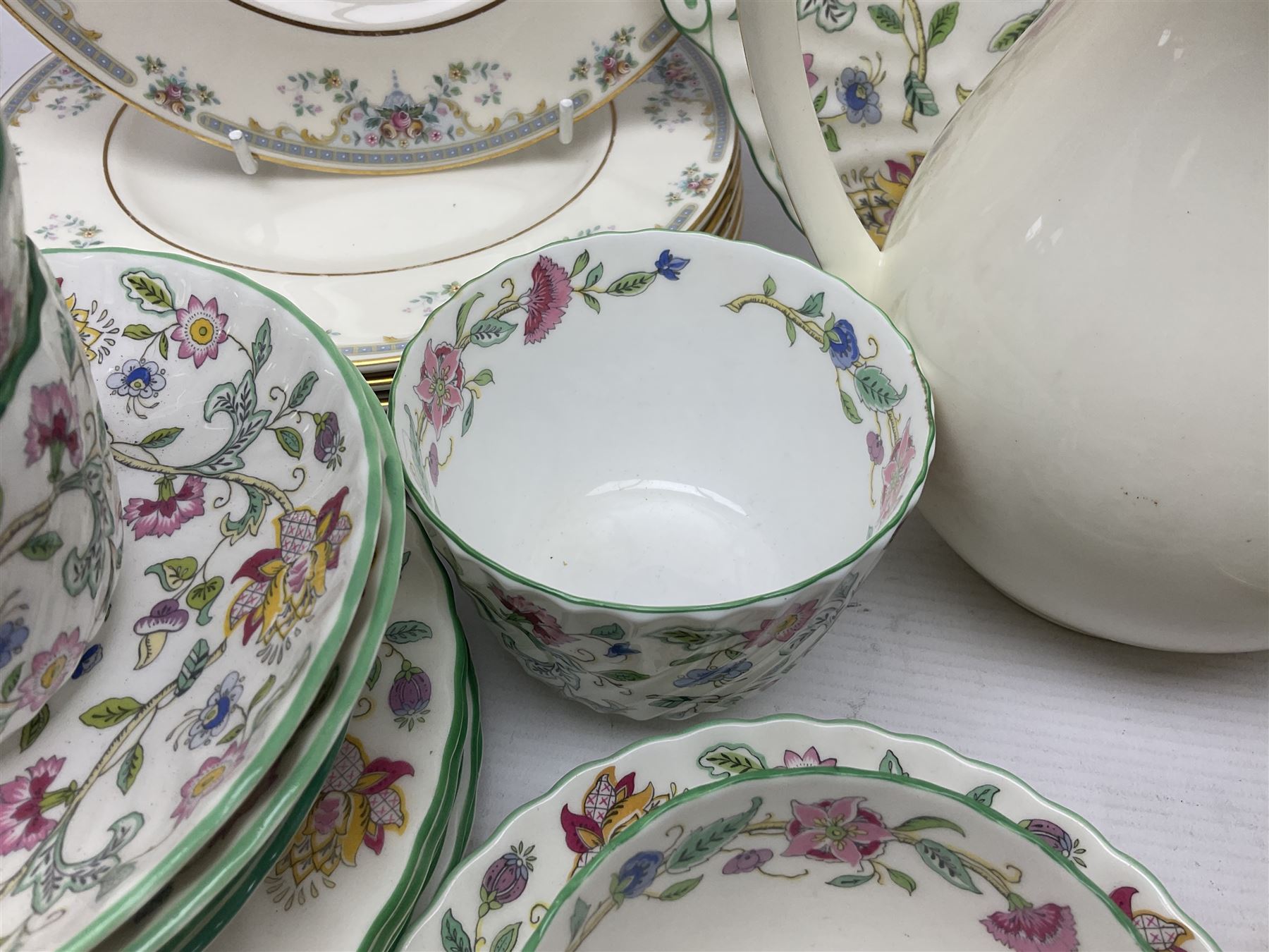 Minton Haddon Hall part tea wares, comprising cups, saucers, side plates etc, together with Royal Doulton Juliet pattern tea and dinner wares