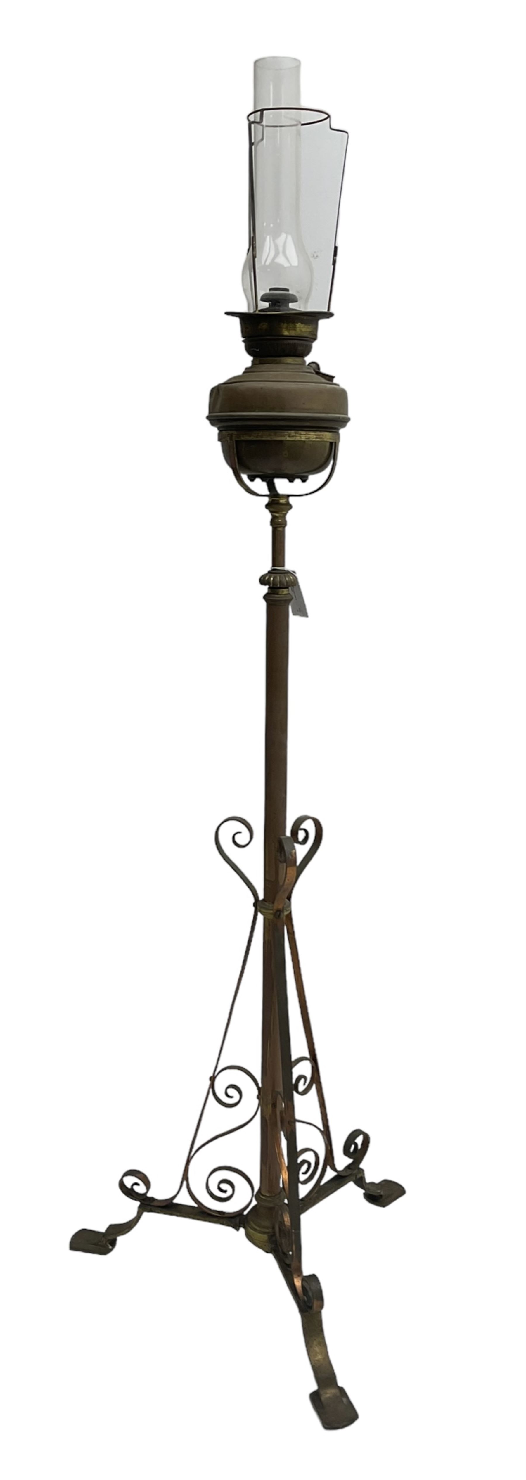 Victorian standard oil lamp, turned column with scrolled supports (H168cm); together with a small antique oil lamp (2)