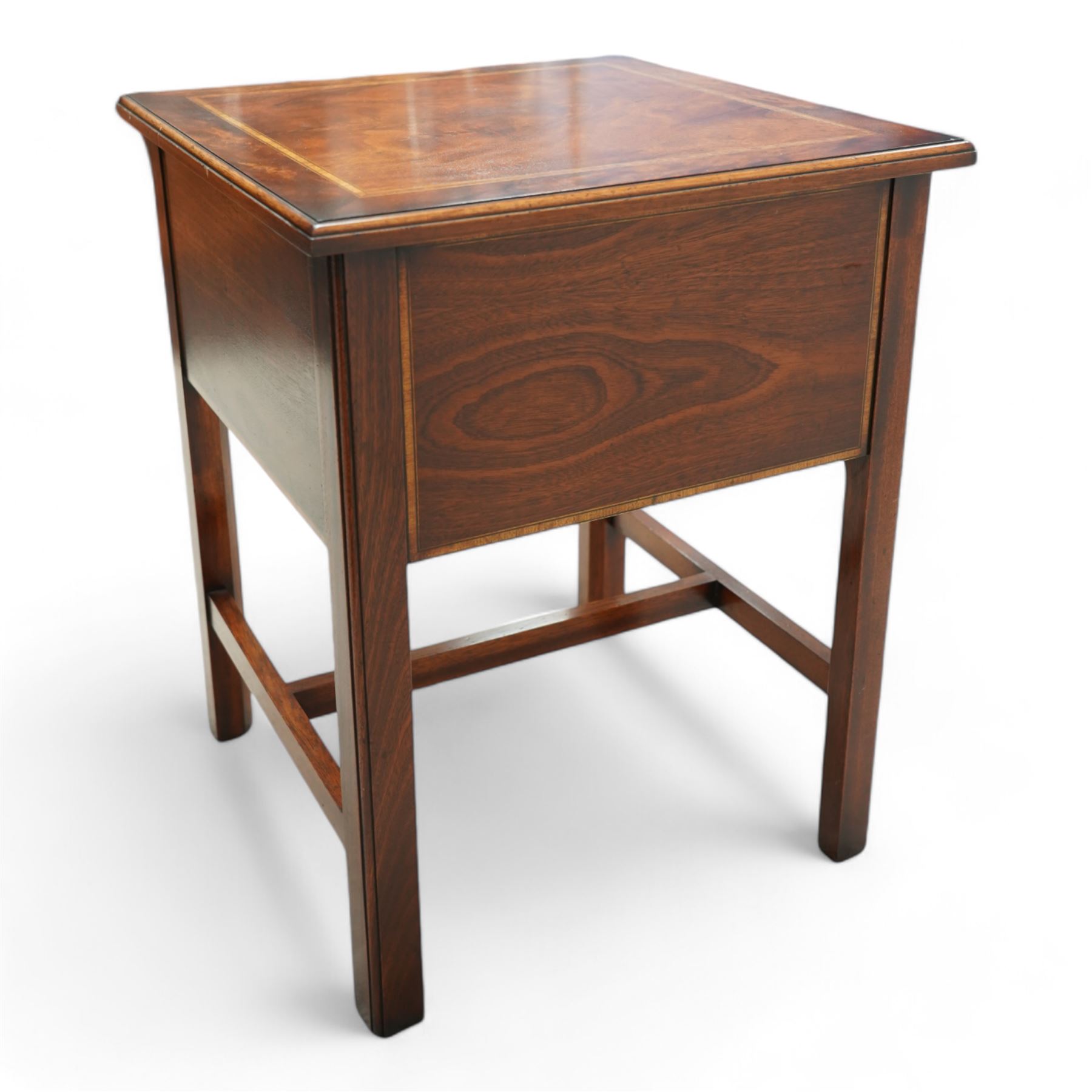 Georgian design mahogany bedside lamp table, square moulded top over two drawers, on square moulded supports united by H stretchers 