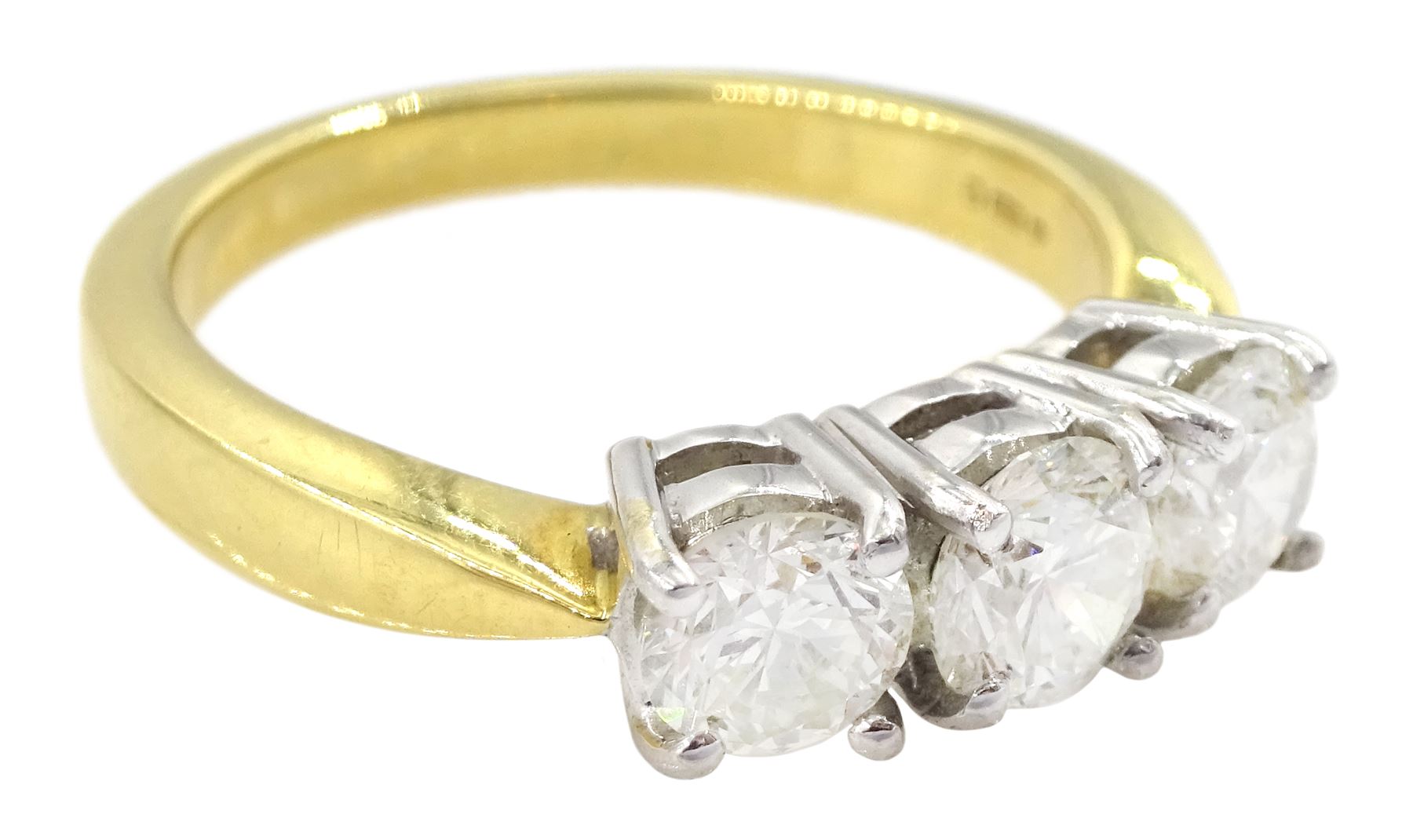 18ct gold three stone round brilliant cut diamond ring, hallmarked, total diamond weight approx 1.25 carat