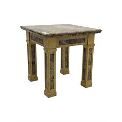 Square lamp table, variegated marble top, on square supports with block feet 