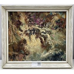 Watt (British 20th century): 'Hill Burn in Spate' and 'Cascades', pair impasto oils on board signed and dated 1984, max 23cm x 29cm (2)