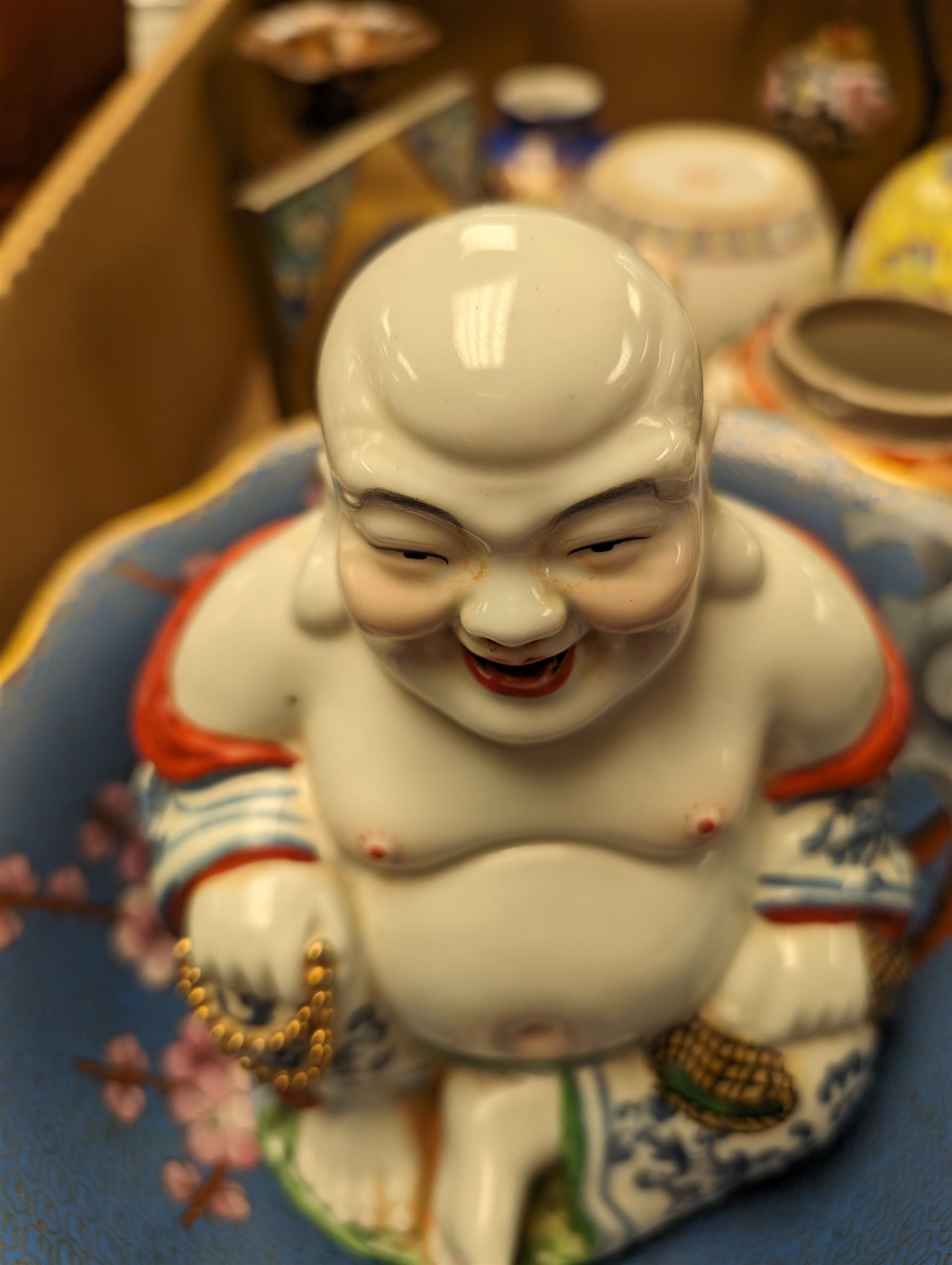 Collection of Oriental ceramics and collectables, including Buddha figure, cloisonne bowl, lacquered boxes, vases etc 