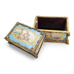 19th century Sevres style porcelain and gilt brass casket, the fall front hinged cover painted with a courting couple in a landscape within raised gilt border on on a bleu celeste ground, the side panels depicting floral sprays and a further courting couple, within gilt brass scroll borders, L20cm x H12.5cm 