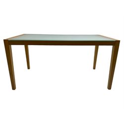 Contemporary beech framed dining table, rectangular frosted glass top on beech frame, square tapering supports