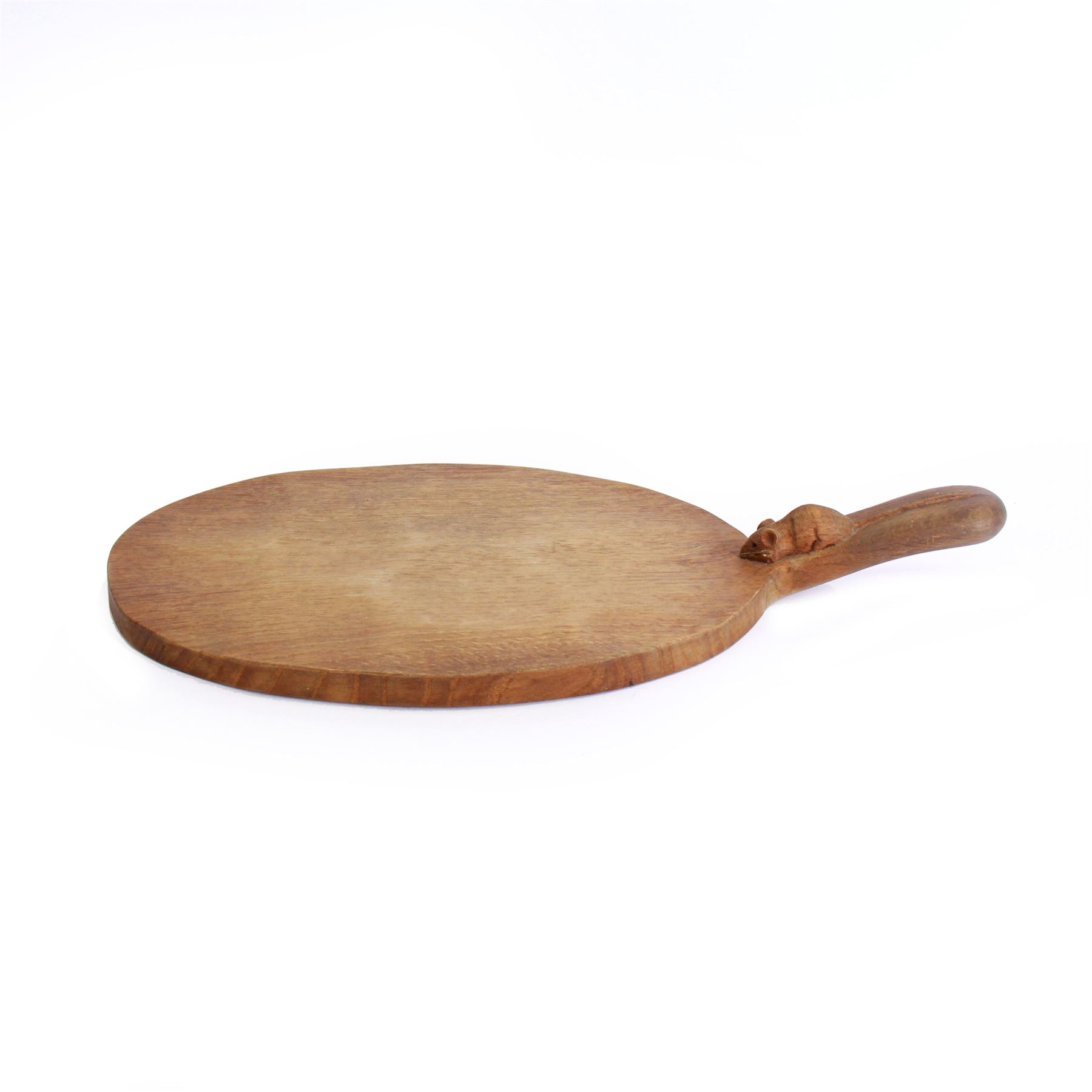 Mouseman - adzed oak cheeseboard, oval form with projecting handle carved with mouse signature, by the workshop of Robert Thompson